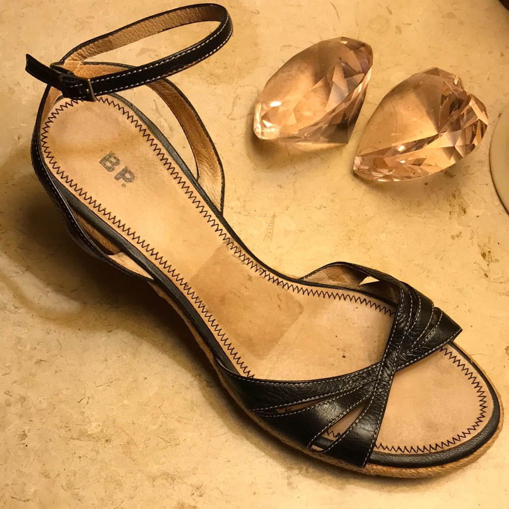 BP. Leather Espadrilles Sculpted Wedge Heel Ankle Strappy Sandals  Black 👡